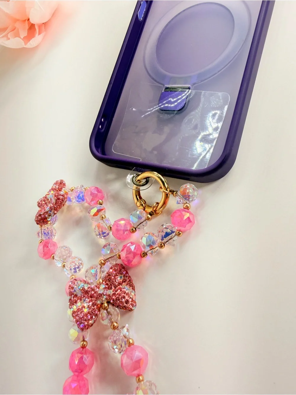 Emma Pink Beaded crystal Bow phone Keychain